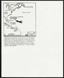 Gladys Heads For U.S. Mainland-Hurricane Gladys is expected tonight to start battering the southeastern U.S. coastline with heavy surf as she moves toward the mainland. The storm, still about 675 miles out to sea, packs top winds of 125 miles an hour near the center.