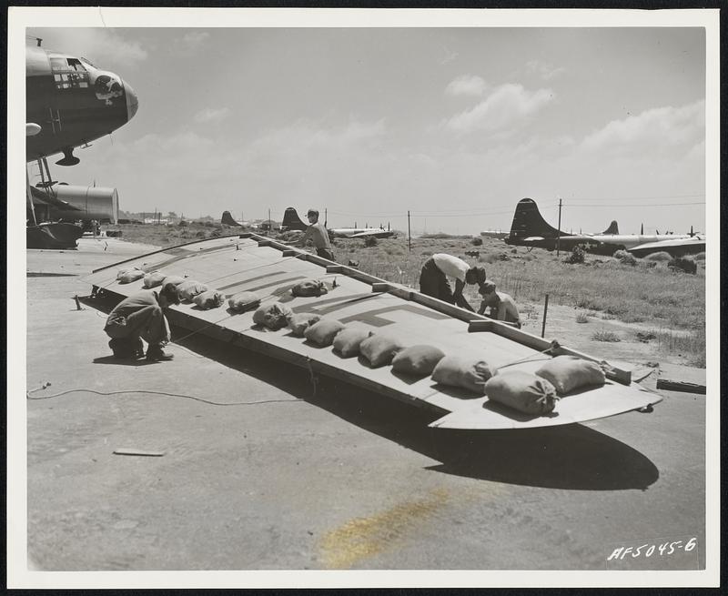 Dismantled Wing Tied Down Against High Winds A wing section, which had been removed from its aircraft for repair at the time the typhoon warning was received, is not overlooked by U.S. Air Force men preparing for high winds on Okinawa. It is being secured, close to the ground, and weighted with sandbags.