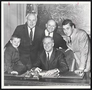 Smiling as they look forward to Dec. 7 when a “Red and White Ball” climaxing Retarded Children Month will be held at the Sheraton-Boston, are William Sullivan, left, of West Roxbury, national poster boy for the National Association for Rertarded Children, and Mayor Kevin White. With them, are members of the Greater Boston Association for Retarded Children. They are, from left: Thomas Crobsy, president of GBARC, Rep. Domenic S. Pasciucco, of Dorchester, a director of GBARC and Sidney Shneider of Newton, dinner chairman for the upcoming Red and White Ball.