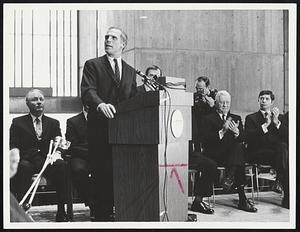 Three Boston Mayors were among participants in the dedicatory exercises of the city’s new City Hall. Above, as Mayor White speaks, former mayors John F. Collins, left, and John Hynes, right of podium, listen to White’s remarks. On extreme right is Suffolk County Sheriff Thomas Eisenstadt.