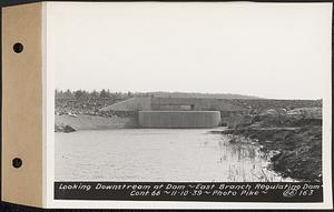 Contract No. 66, Regulating Dams, Middle Branch (New Salem), and East Branch of the Swift River, Hardwick and Petersham (formerly Dana), looking downstream at dam, east branch regulating dam, Hardwick, Mass., Nov. 10, 1939