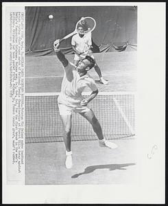 Seixas Makes Backhand Return--Veteran Vic Seixas makes backhand return during third round match of National Tennis Championships at Forest Hills today against India's Ramanathan Krishnan. Seixas won, 6-3, 6-4, 6-2, for the first break in the men's seedings. Krishnan had been seeded fifth. Seixas, 36, former tennis great, wasn't ranked.