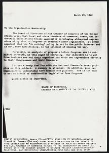 Letter Assailed by Senator--Senator Elbert D. Thomas (D-Utah) today raised objection in the senate to this letter and an accompanying statement of policies which he said the U.S. Chamber of Commerce mailed to its membership on March 20. Thomas said the Chamber sought to disturb present labor-management relations.