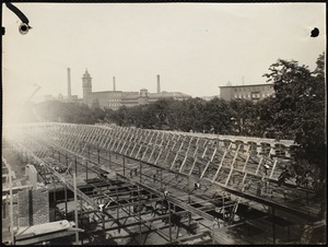 New worsted (weaving) mill, looking easterly from roof of yarn mill, showing roof framing