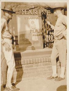 Two Marines in front of Marine pharmacy, U.S. Marine base Quantico, VA