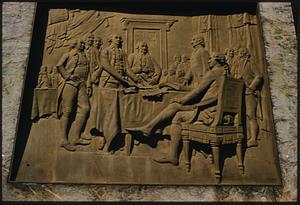 Relief sculpture of presentation of Declaration of Independence at base of Benjamin Franklin statue, Boston