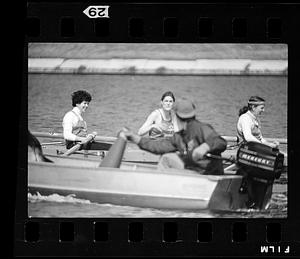 Women's college crew practice on Charles River, Boston
