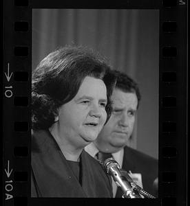 Louise Day Hicks speaks after losing her bid for mayor (note her sad brother), Boston