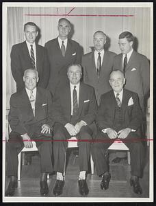 At Ford Motor Company’s 50th anniversary reception and banquet last night, left to right, front, E. L. Duquette, manager of Somerville assembly plant; J. F. Abely, Boston district sales manager, Lincoln-Mercury division; R. F. Leonard, chairman, Boston community relations district. Standing, A. Mack, controller, Somerville assembly plant; Forrester A. (Tim) Clark, toastmaster; R. M. Parker, Ford parts depot manager, and H. M. Thornquist, public relations director.