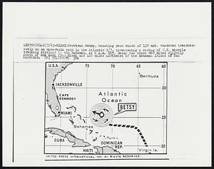 Miami: Hurricane Betsy, boasting peak winds of 150 mph, wandered treacherously on an uncertain path in the Atlantic 9/3, threatening a string of U.S. missile tracking stations in the Bahamas. At 6 a.m. EDT, Betsy was about 460 miles slightly south of due east from Miami and 120 miles northeast of the Bahaman Island of San Salvador.