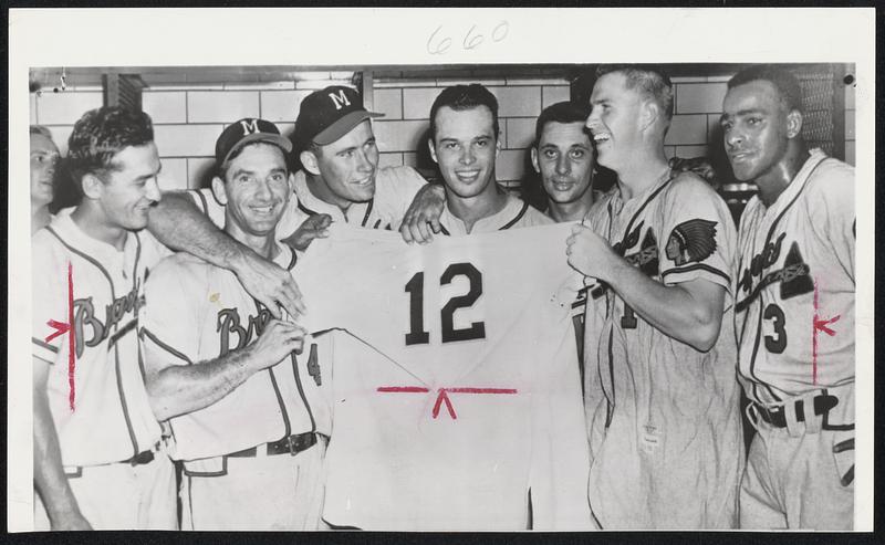 They Rewrote The Record Book – These are the Braves who together collected a total of 12 home runs in yesterday’s doubleheader against the Pirates to break two National League records and tie a major league mark. Left to right, with their contributions in parentheses: Johnny Logan (2), Sid Gordon (1), Joe Adcock (1), Ed Mathews (3), Jack Dittmer (1), Del Crandall (1) and Jim Pendleton (3).