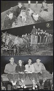Hay Ride for High Schoolers - Hay fight marks end of night ride into the country for Kansas City, Mo., high schoolers in photo 1. In photo 2, horse-drawn hay rack starts off into night, while in 3, riders drape their legs over end of rack, get ready for cold ride.