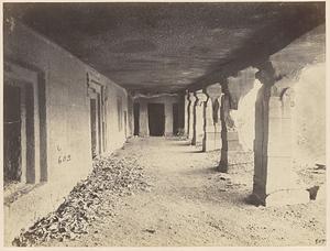 View from the left looking along interior of verandah of Buddhist Vihara, Cave XIV, Ajanta