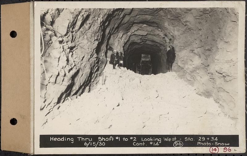 Contract No. 14, East Portion, Wachusett-Coldbrook Tunnel, West Boylston, Holden, Rutland, heading through Shaft 1 to 2 looking west, Sta. 29+34, West Boylston, Mass., Jun. 15, 1930