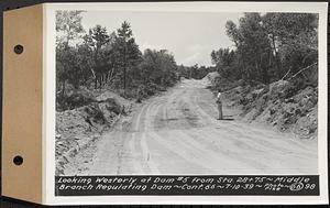 Contract No. 66, Regulating Dams, Middle Branch (New Salem), and East Branch of the Swift River, Hardwick and Petersham (formerly Dana), looking westerly at dam 5 from Sta. 28+75, middle branch regulating dam, Hardwick, Mass., Jul. 10, 1939