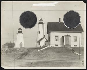 Twin Lighthouses on Baker's Island, near which is located the Herald-Traveler experimental station for conducting tests during international radio week.