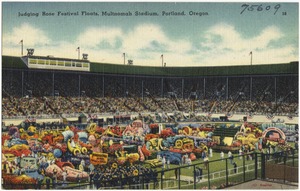 Judging Rose Festival floats, Multnomah Stadium, Portland, Oregon