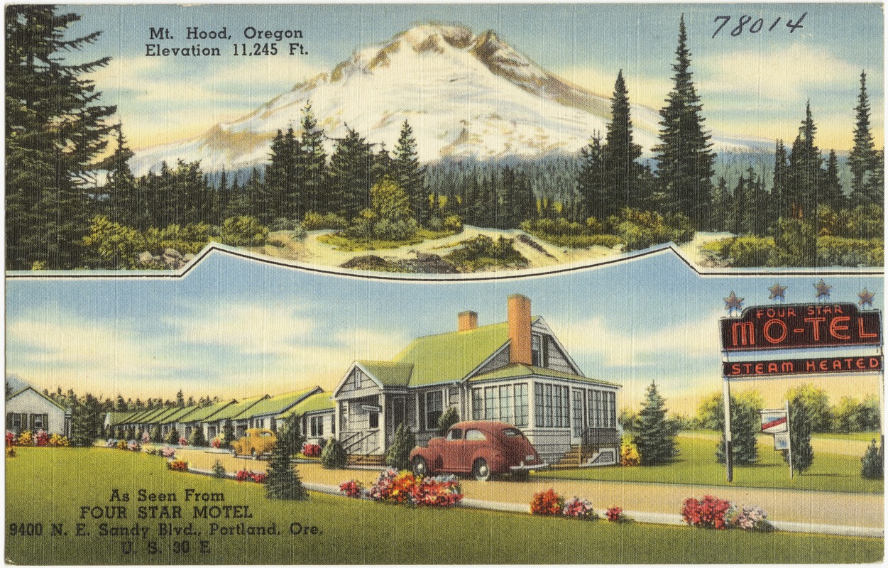 Mt. Hood, Oregon, elevation 11,245 ft., as seen from Four Star Motel, 9400 N. E. Sandy Blvd., Portland, Ore., U.S. 30 E.