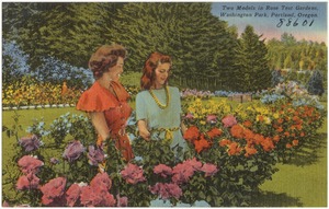 Two models in rose test gardens, Washington Park, Portland, Oregon