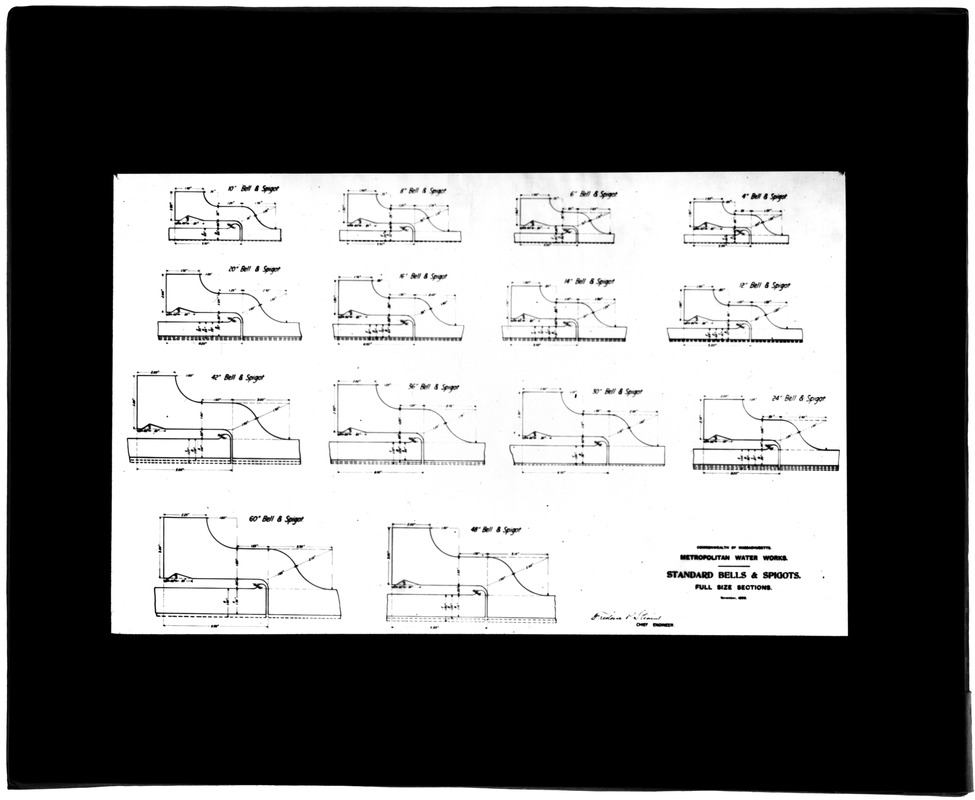 Distribution Department, standard bells and spigots, engineering plan, Mass., ca. 1895-1899