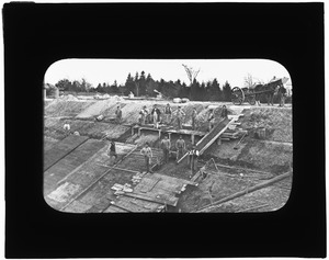 Distribution Department, Fisher Hill Reservoir, construction (lining), Brookline, Mass., ca. 1886