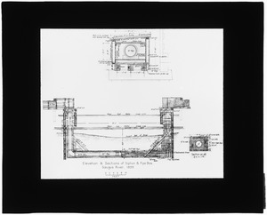 Distribution Department, Saugus River Siphon Box, elevation plan and sections (engineering plan), Mass., 1899