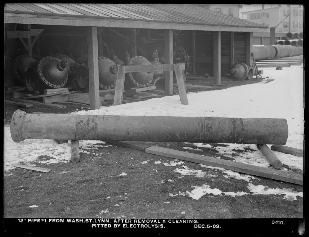 Electrolysis, Northern High Service Pipe Lines, Section 27, Washington Street, 12-inch pipe after removal and cleaning, showing electrolytic pittings, Lynn, Mass., Dec. 5, 1903
