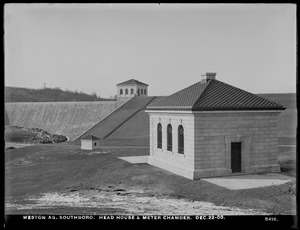 Weston Aqueduct, Headhouse and Meter Chamber, Headhouse in foreground, Sudbury Dam and Gatehouse in background, Southborough, Mass., Dec. 22, 1903