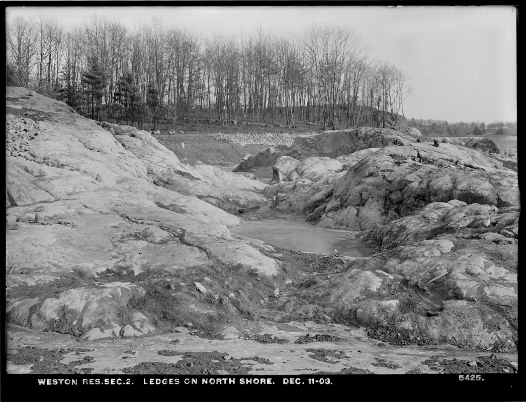 Weston Aqueduct, Weston Reservoir, Section 2, ledges on north shore, Weston, Mass., Dec. 11, 1903