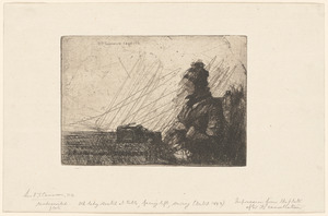 Old lady seated at table, facing left, sewing