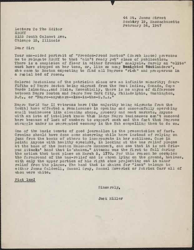 Letter from Jack Miller, Roxbury, to the editor of Ebony magazine, Chicago, 1947 February 24