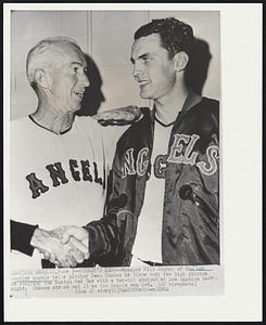 Rigney’s Hero--Manager Bill Rigney of the Los Angeles tells pitcher Dean Chance he threw very few high pitches in stopping the Boston Red Sox with a two-hit shutout at Los Angeles last night. Chance struck out 15 as the Angels won 1-0.