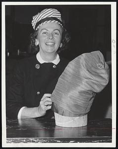 Striped hat and holding case and crown, Mrs. Arthur F. Cronin, Jr., Beverly