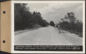 Contract No. 82, Constructing Quabbin Hill Road, Ware, looking back from Sta. 199+50, gravel sub base, Ware, Mass., Jul. 21, 1939