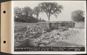 Contract No. 51, East Branch Baffle, Site of Quabbin Reservoir, Greenwich, Hardwick, beginning of stone fill at the east branch baffle, looking south, Hardwick, Mass., Aug. 21, 1936