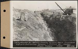 Contract No. 80, High Level Distribution Reservoir, Weston, looking west from Sta. 885+10+/- showing aqueduct trench excavation, high level distribution reservoir, Weston, Mass., Mar. 13, 1940