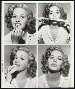 Her Kisses Don't Smear- And if you want to know why, here's the formula: First, as this model demonstrates, apply lipstick. Then dry by pressing tissue between the lips. Then pat heavily-laden powder puff over lips. Finally, moisten lips with tongue. OK, baby, now how about that kiss?