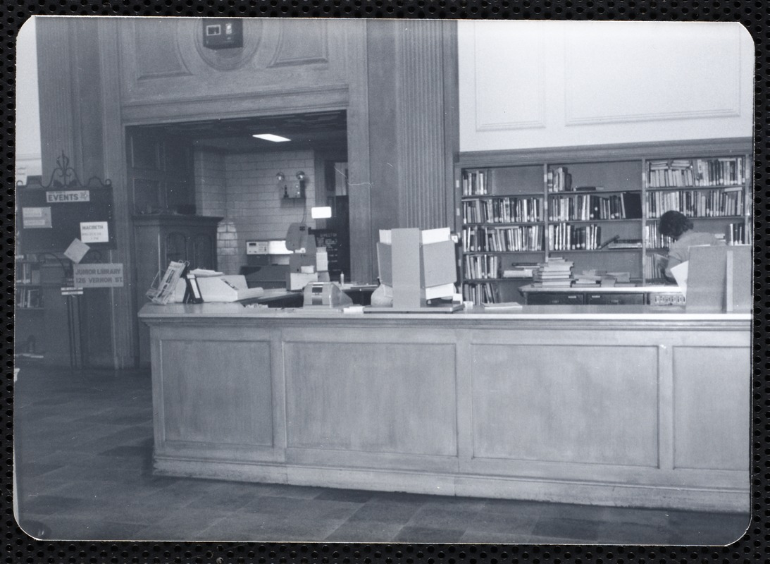Main library, Junior Library, and branches. Newton, MA. Circulation desk