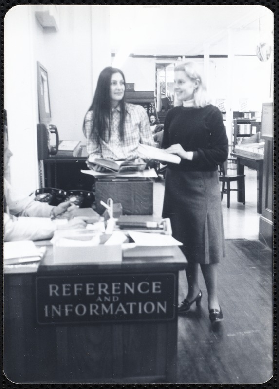 Main library, Junior Library, and branches. Newton, MA. Elinor Persky with book discussion leader, E. Teitel