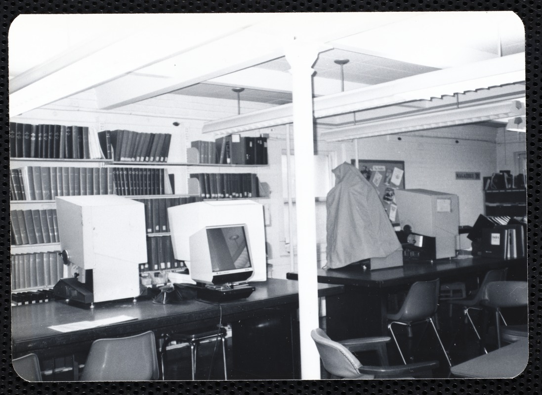 Main library, Junior Library, and branches. Newton, MA. Microfilm, microfiche machines