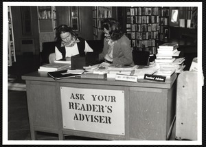 Newton Free Library, Newton, MA. Staff & trustees. Patron at reader's advisor desk, Sheila Brownstein