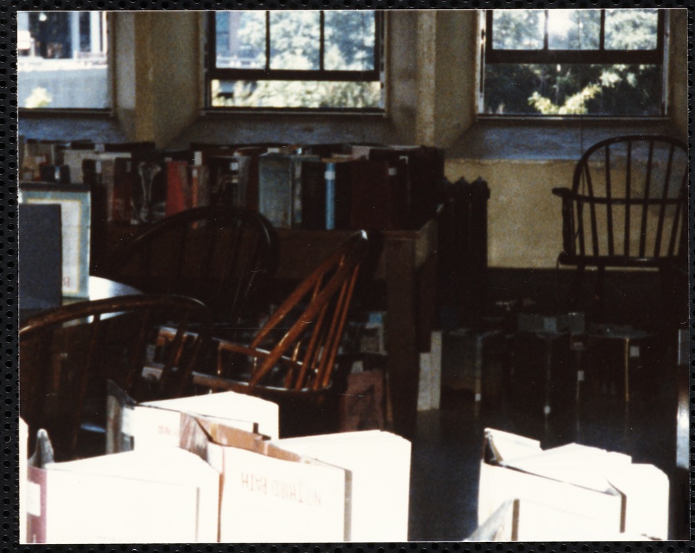 Newton Free Library, Newton, MA. Staff & trustees. Water-damaged books drying
