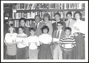 Newton Free Library, Newton, MA. Staff & trustees. Mayor Mann, Newton FOL pres., children's essay contest