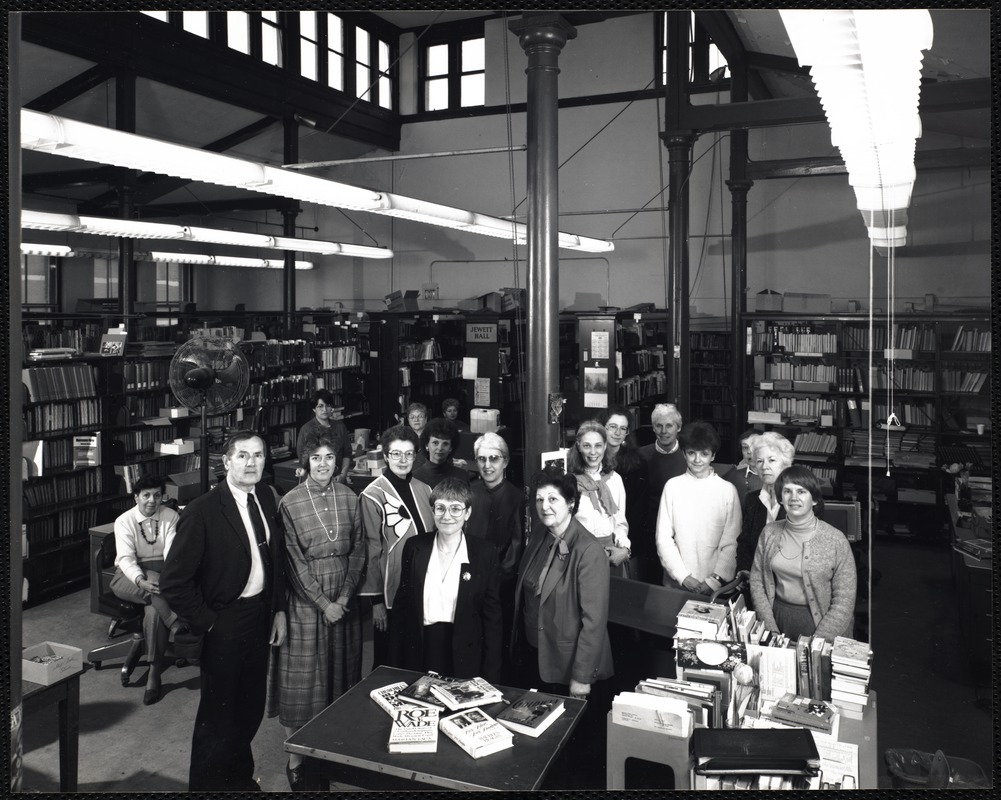 Newton Free Library, Newton, MA. Staff & trustees. Staff, N.Corner: front- Susan Raskin, V.Tashjian; l-r, 2nd row: Lily Levy, John Daley,Nancy Perlow, Cathy Garoian, Patricia Reilly, Andrea Shirley, Rosalie Bookston, Deborah Foley, Joan Nolan, Peg Ellis, Arlene Siegel, Pat Daley, Dorianne Low, l-r, rear: Gila Vesset, Zara Emchenok, Tanya Shmidt