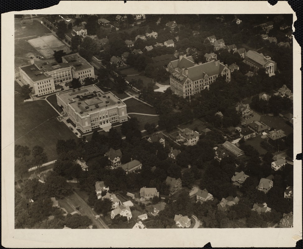 Schools & colleges. Newton, MA. Newton High, aerial view Digital