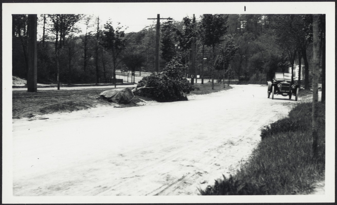 Newton photographs. Newton, MA. Landscape with automobile, unpaved road