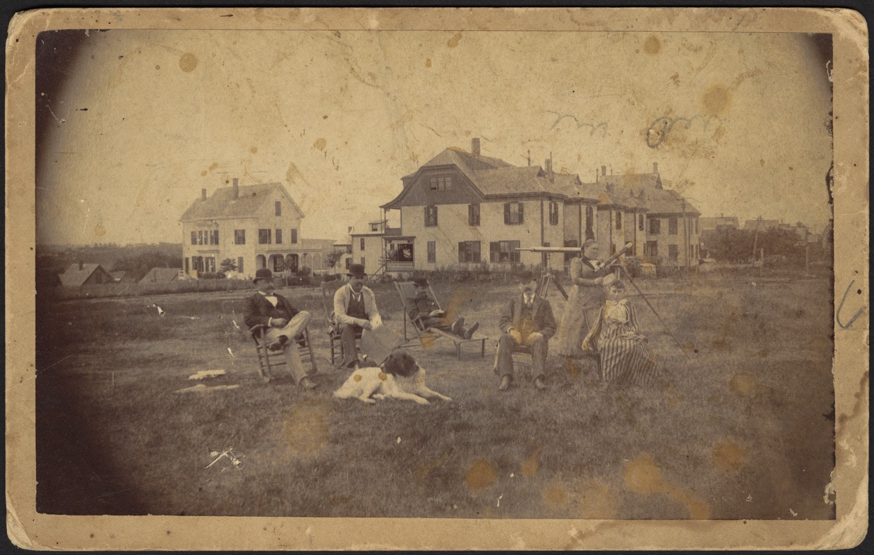 Newton photographs. Newton, MA. Backyard scene. Beachmont on the Salts, telescopes, men, women
