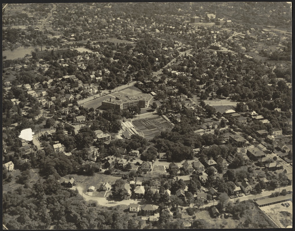 Newton photographs. Newton, MA. Aerial view of Day Junior High, Newton Corner, Nonantum, Newtonville
