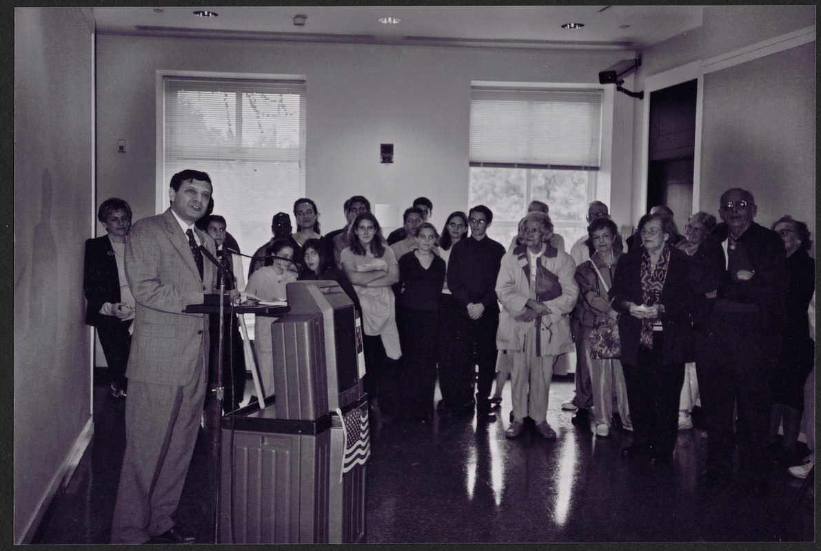 Newton Free Library, Newton, MA. Communications & Programs Office. 10th Anniversary. Mayor Cohen in auditorium