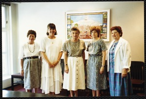 Newton Free Library, Newton, MA. Communications & Programs Office. Virginia Tashjian, D. Reichard, trustee, 3 staff (Shirley Andelman on left)